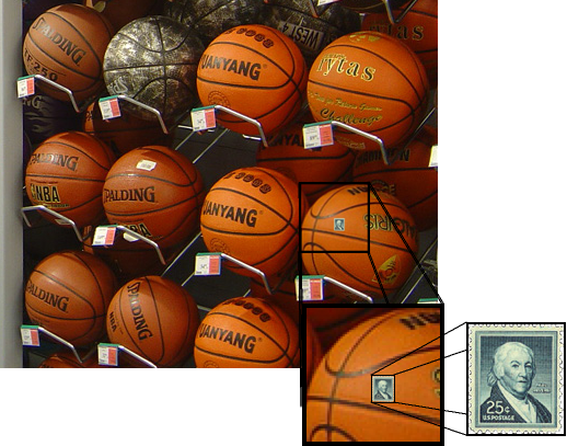 1958 USPS postage stamp honoring Paul Revere superimposed on Mangan2002's photo of a basketball display